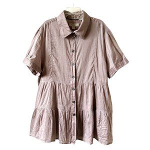 BURBERRY Tiered Peplum Blouse Button Up Short Sleeve Shirt Lavender Cotton Sz 6